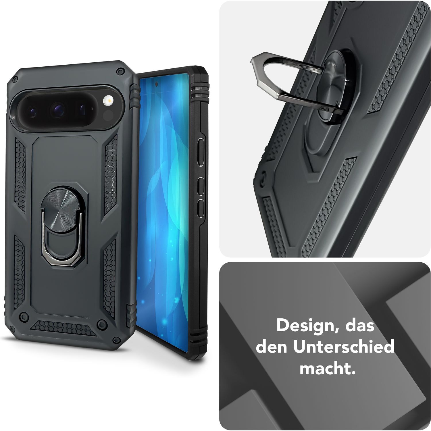 NALIA RingDefend Hülle für Google Pixel 9 Pro XL – Stoßfeste Panzerhülle mit 360° Metallring, Kickstand & Finger-Halter, Robustes Armor Case mit Grip, Militär Schutzhülle - Schwarz Default Title NALIA Outdoor Hülle