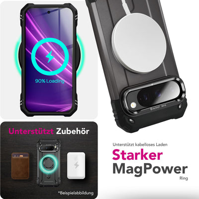 NALIA Magnetische Panzerhülle für Google Pixel 9 Pro – MagSafe kompatibel & Kamera-Stand – GRANITE (Outdoor Schutzhülle Stoßfest) – Marke aus Berlin Sturmgrau NALIA Outdoor Hülle