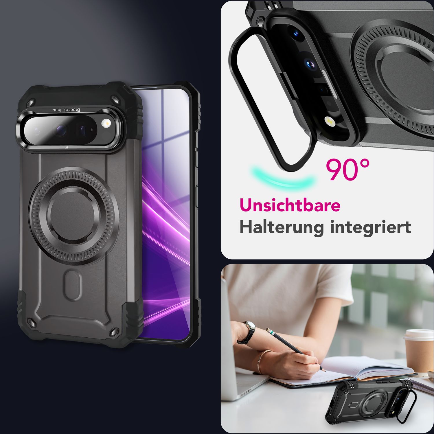 NALIA Granite Hülle für Google Pixel 9 Pro – Handyhülle für MagSafe, Extrem Widerstandsfähige Panzerhülle mit Kickstand, Harte Rückseite & Schutzrahmen gegen Aufprall