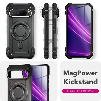 NALIA Magnetische Panzerhülle für Google Pixel 9 Pro – MagSafe kompatibel & Kamera-Stand – GRANITE (Outdoor Schutzhülle Stoßfest) – Marke aus Berlin Sturmgrau NALIA Outdoor Hülle