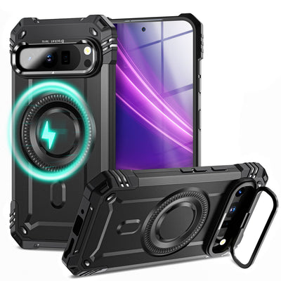 NALIA Magnetische Panzerhülle für Google Pixel 9 Pro – MagSafe kompatibel & Kamera-Stand – GRANITE (Outdoor Schutzhülle Stoßfest) – Marke aus Berlin Vulkanschwarz NALIA Outdoor Hülle