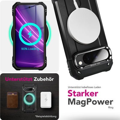NALIA Magnetische Panzerhülle für Google Pixel 9 Pro – MagSafe kompatibel & Kamera-Stand – GRANITE (Outdoor Schutzhülle Stoßfest) – Marke aus Berlin Vulkanschwarz NALIA Outdoor Hülle
