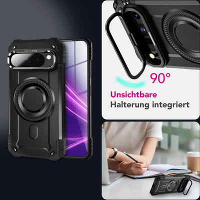 NALIA Magnetische Panzerhülle für Google Pixel 9 Pro – MagSafe kompatibel & Kamera-Stand – GRANITE (Outdoor Schutzhülle Stoßfest) – Marke aus Berlin Vulkanschwarz NALIA Outdoor Hülle