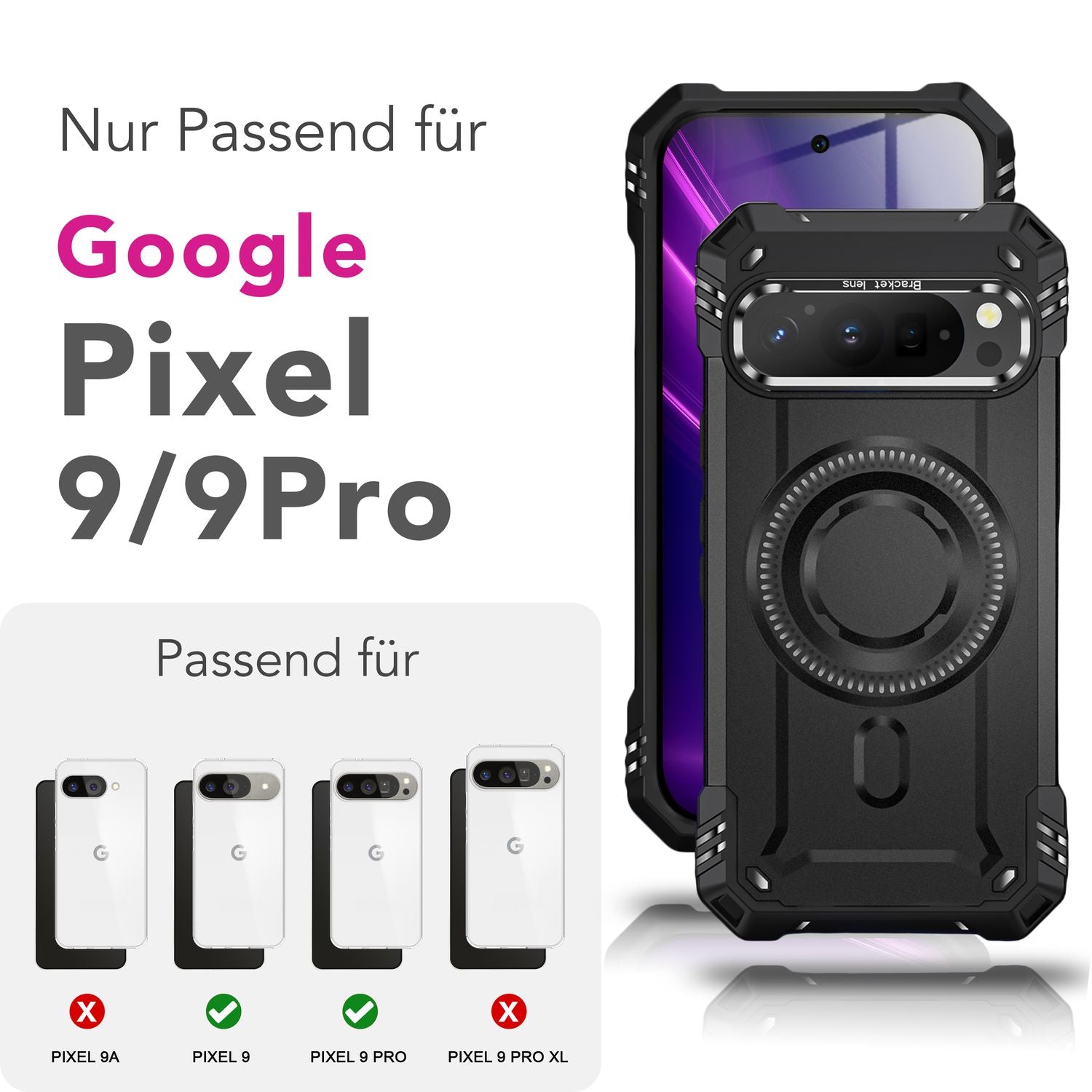 NALIA Granite Hülle für Google Pixel 9 Pro – Handyhülle für MagSafe, Extrem Widerstandsfähige Panzerhülle mit Kickstand, Harte Rückseite & Schutzrahmen gegen Aufprall