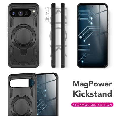 NALIA Magnetische Panzerhülle für Google Pixel 9 Pro – Ring-Halterung 360° & MagSafe kompatibel – STORMGUARD (Outdoor Case) – Marke aus Berlin Vulkanschwarz NALIA Outdoor Hülle