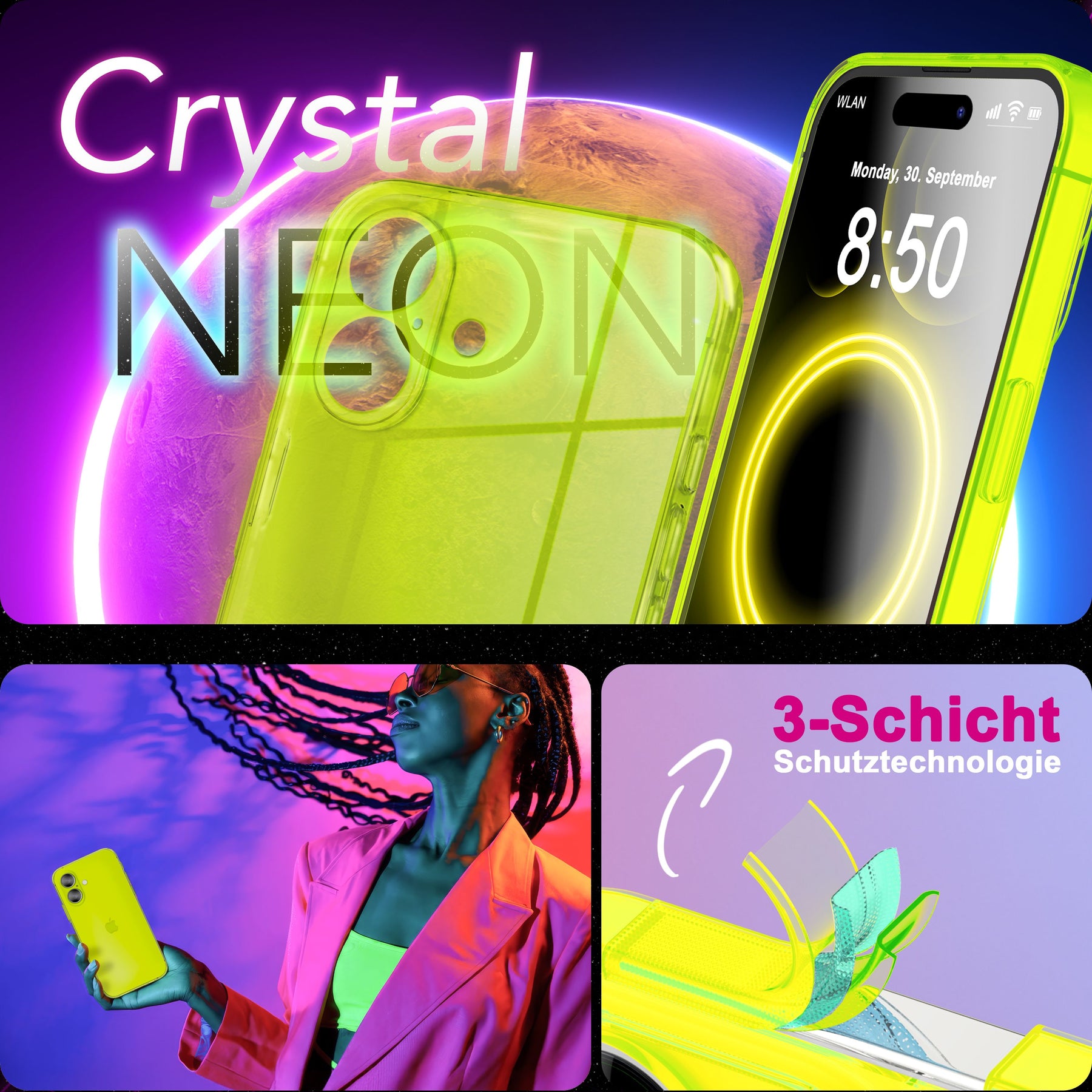 NALIA Neon Silikonhülle für iPhone 17 – Knallige Signal-Farbe & Linsenschutz – VIBE (Transparentes Case) – Marke aus Berlin Gelb NALIA Klare Hüllen