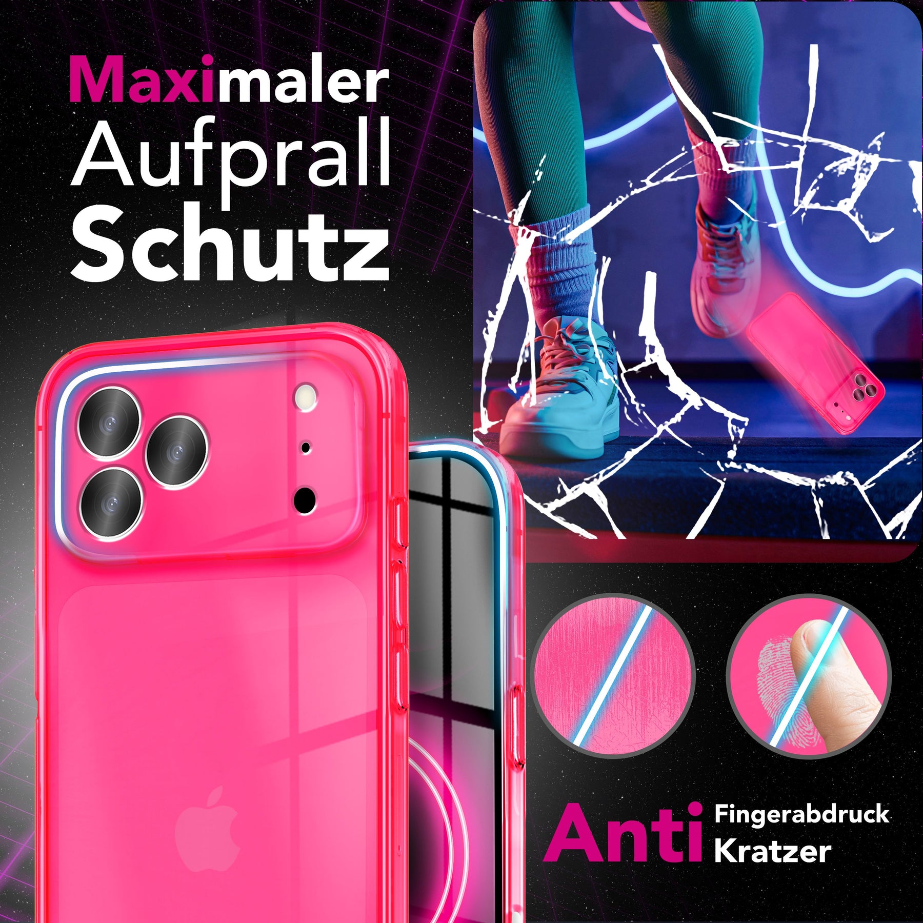 NALIA Neon Silikonhülle für iPhone 17 Pro – Knallige Signal-Farbe & Linsenschutz – VIBE (Transparentes Case) – Marke aus Berlin Pink NALIA Klare Hüllen