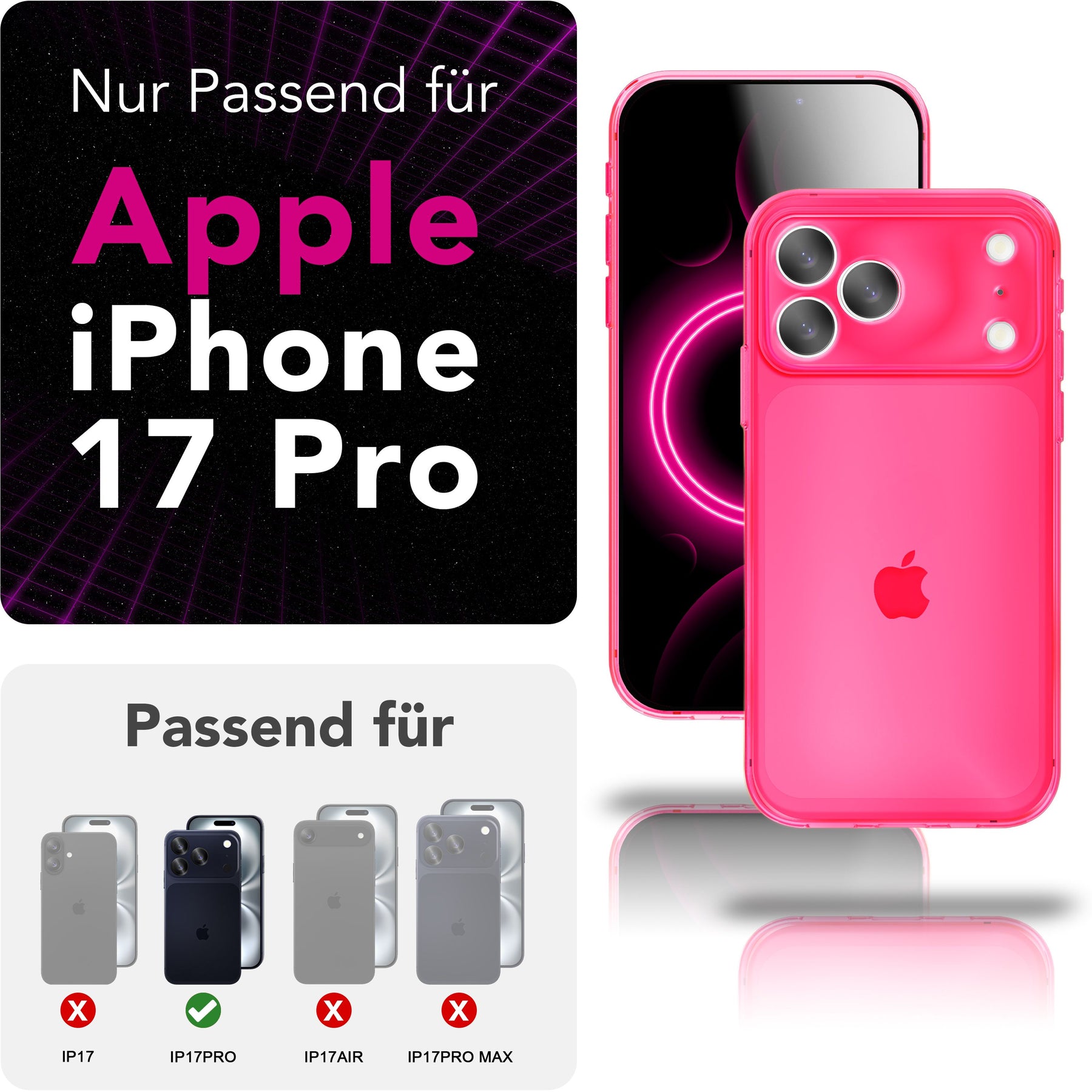 NALIA Neon Silikonhülle für iPhone 17 Pro – Knallige Signal-Farbe & Linsenschutz – VIBE (Transparentes Case) – Marke aus Berlin Pink NALIA Klare Hüllen