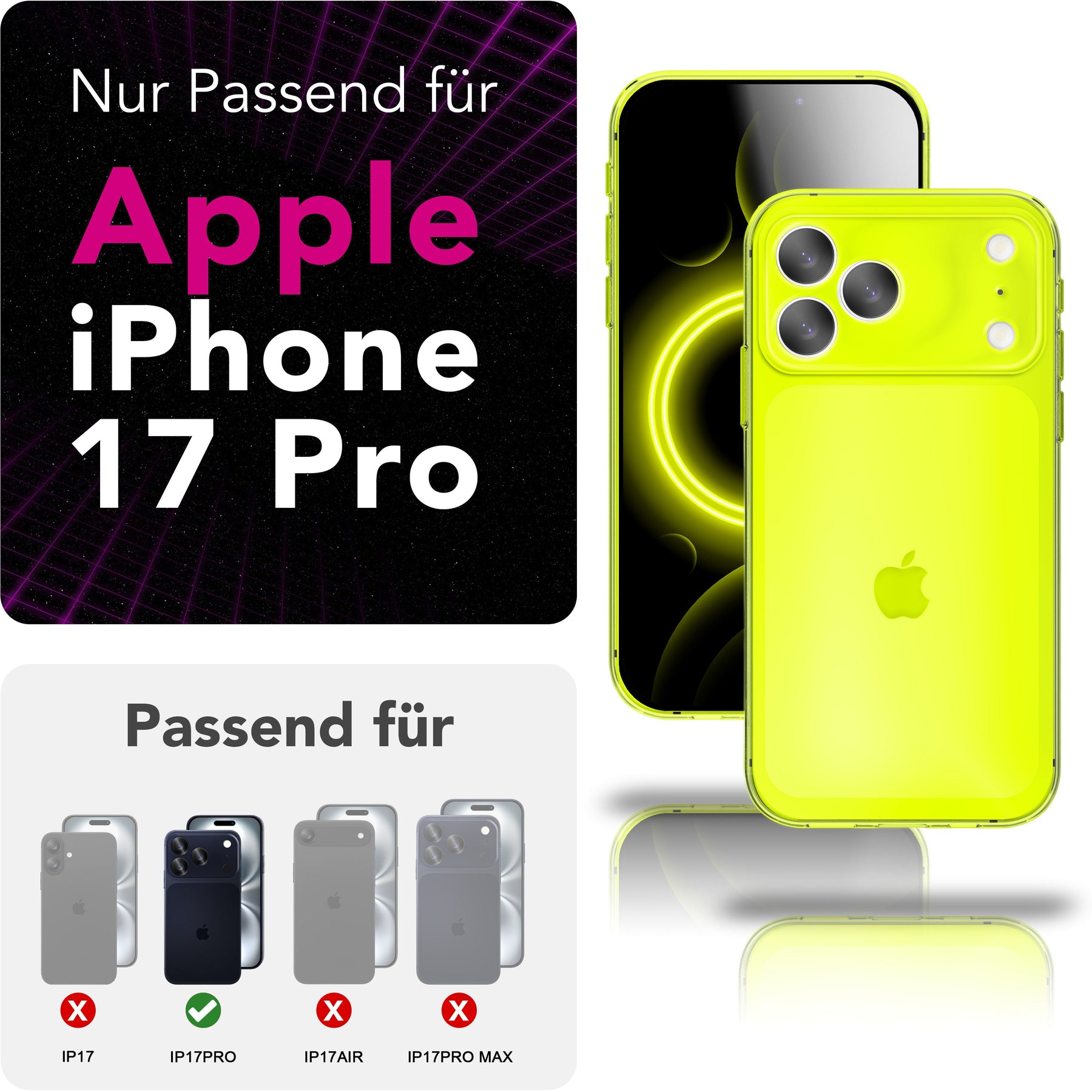 NALIA Neon Silikonhülle für iPhone 17 Pro – Knallige Signal-Farbe & Linsenschutz – VIBE (Transparentes Case) – Marke aus Berlin Gelb NALIA Klare Hüllen