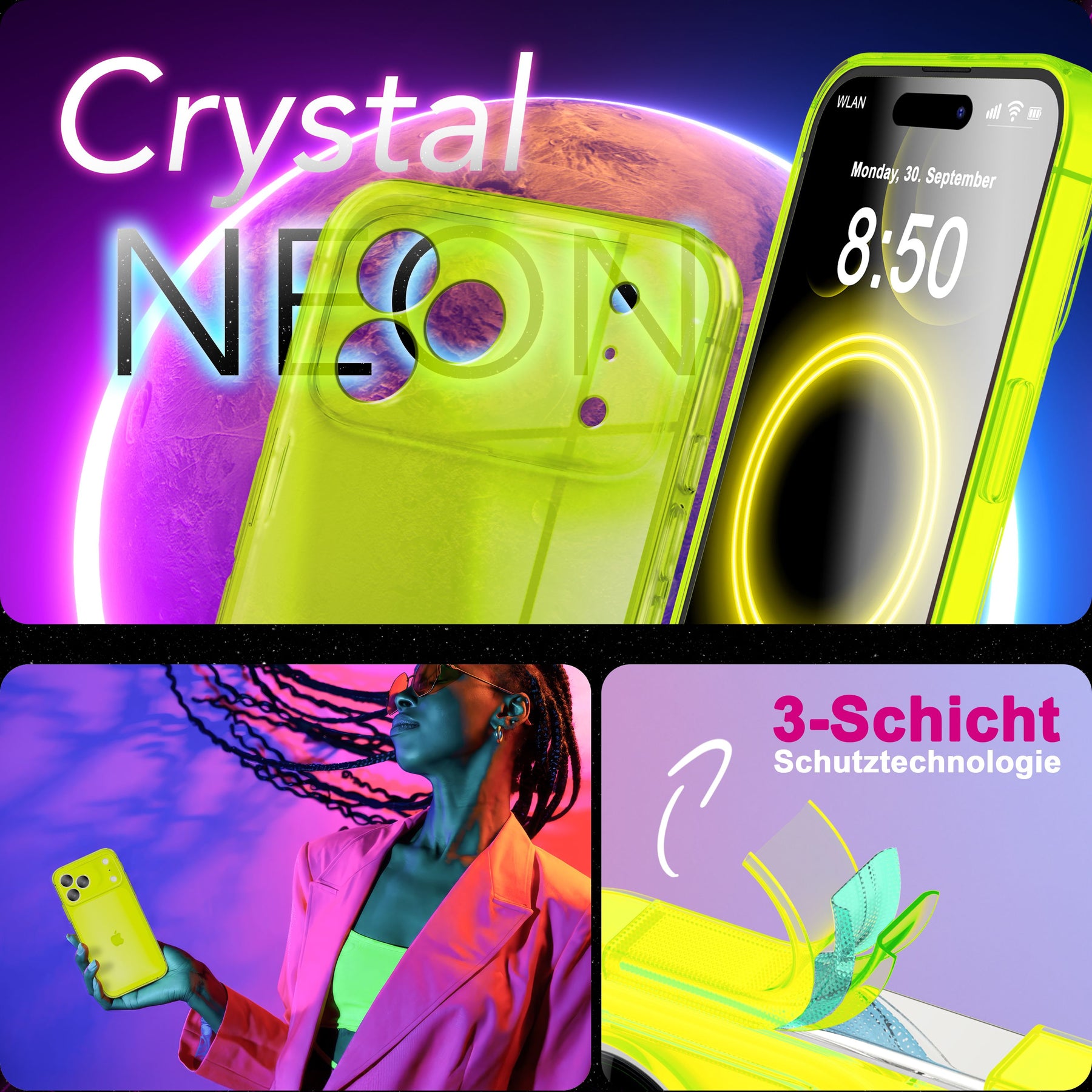 NALIA Neon Silikonhülle für iPhone 17 Pro – Knallige Signal-Farbe & Linsenschutz – VIBE (Transparentes Case) – Marke aus Berlin Gelb NALIA Klare Hüllen