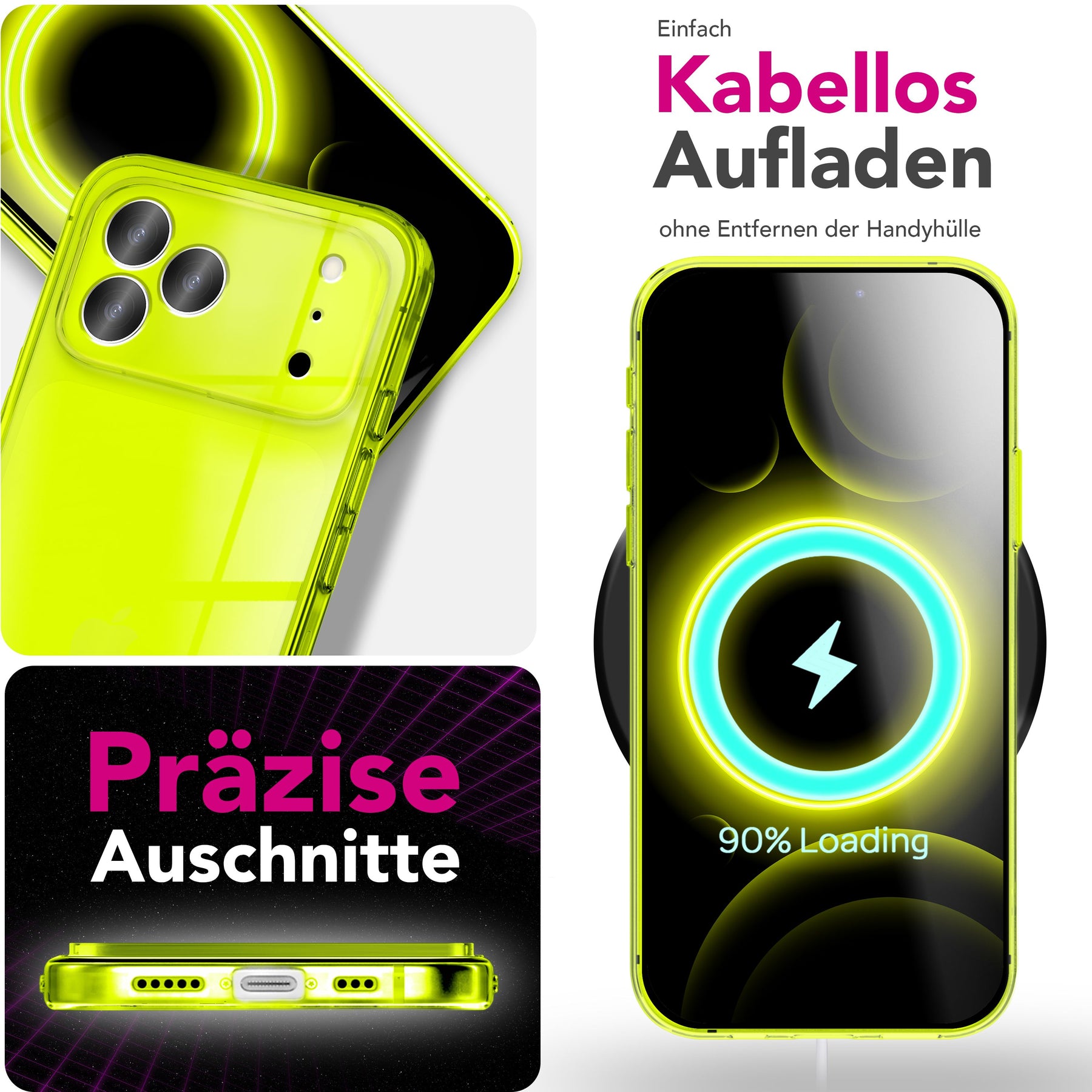 NALIA Neon Silikonhülle für iPhone 17 Pro – Knallige Signal-Farbe & Linsenschutz – VIBE (Transparentes Case) – Marke aus Berlin Gelb NALIA Klare Hüllen