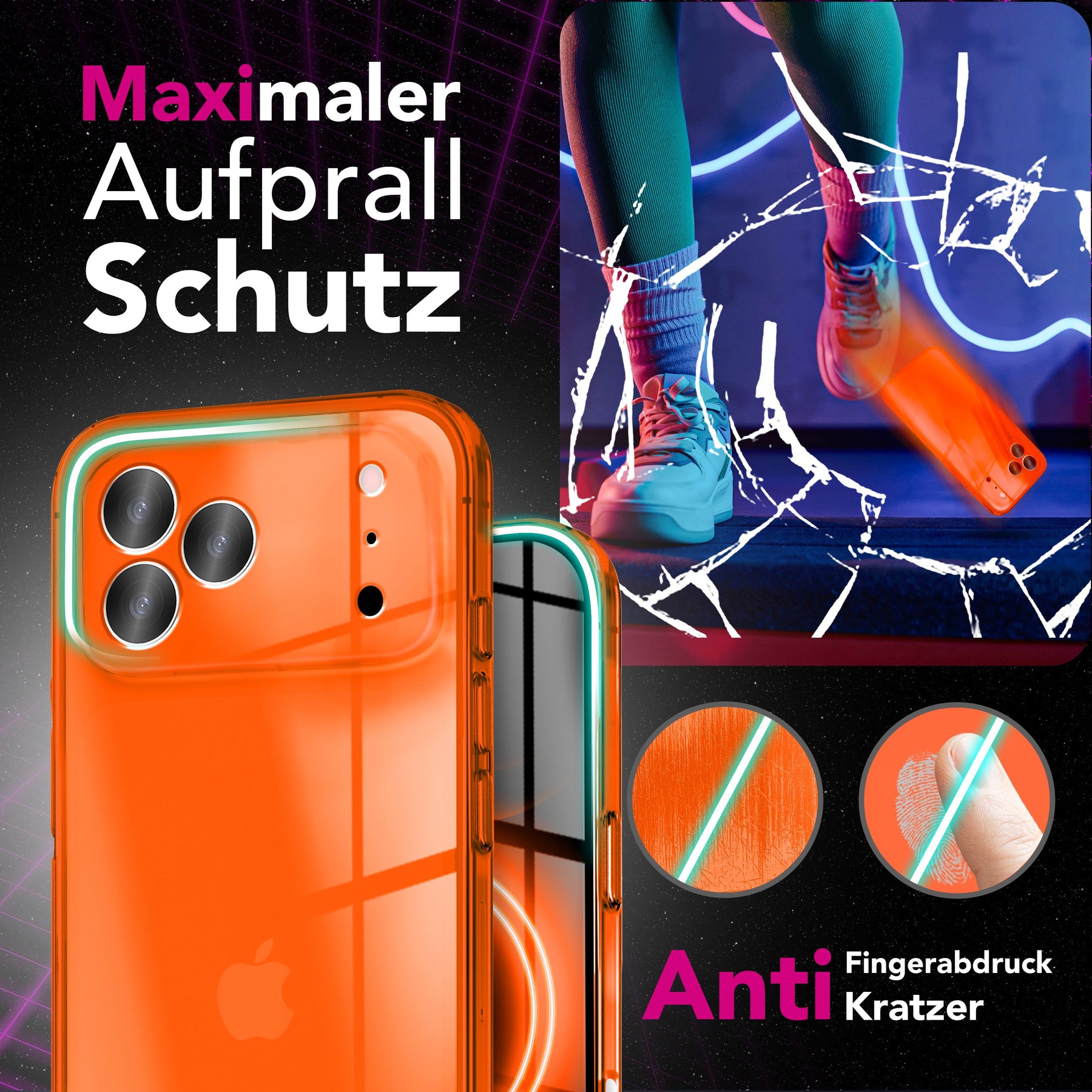 NALIA Neon Silikonhülle für iPhone 17 Pro – Knallige Signal-Farbe & Linsenschutz – VIBE (Transparentes Case) – Marke aus Berlin Orange NALIA Klare Hüllen
