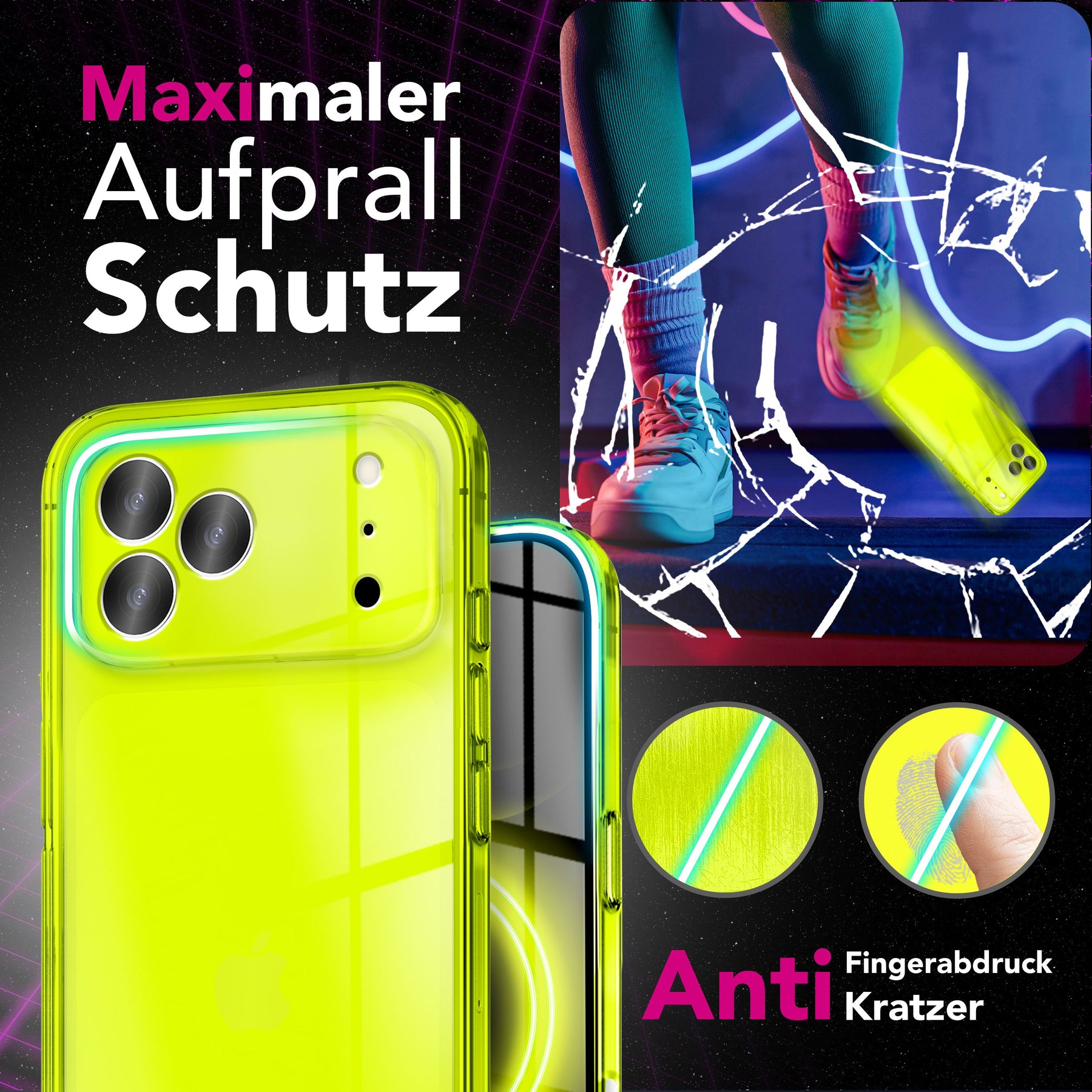 NALIA Neon Silikonhülle für iPhone 17 Pro Max – Knallige Signal-Farbe & Linsenschutz – VIBE (Transparentes Case) – Marke aus Berlin Gelb NALIA Klare Hüllen
