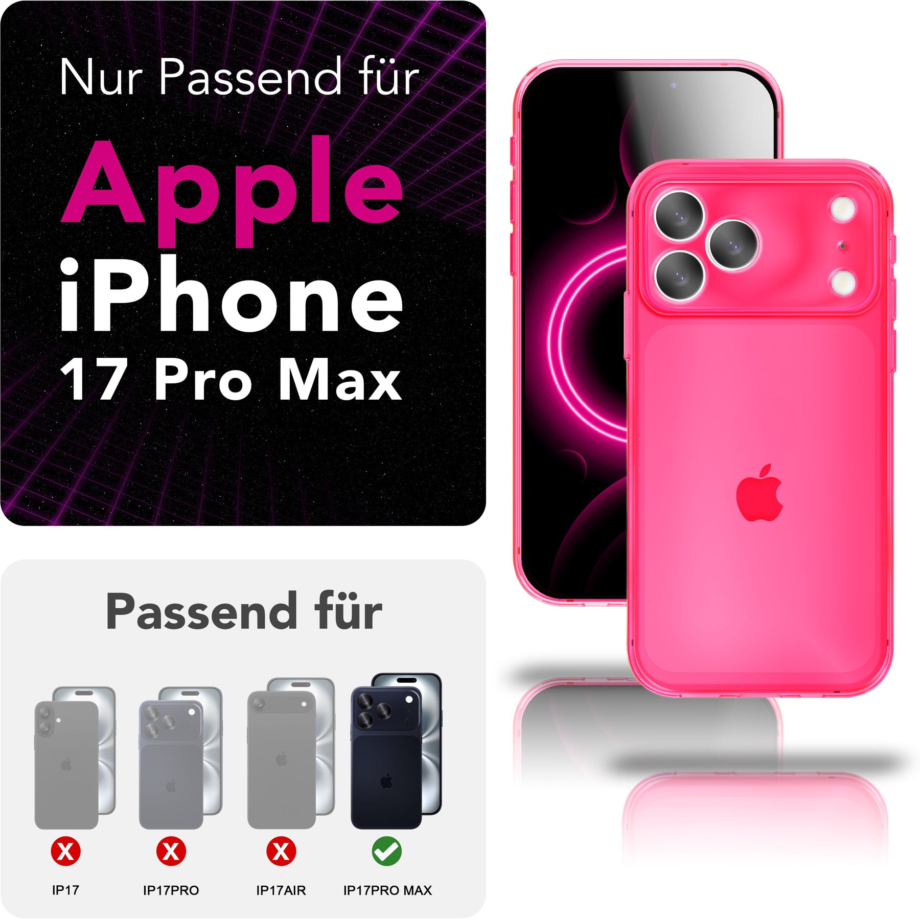 NALIA Neon Silikonhülle für iPhone 17 Pro Max – Knallige Signal-Farbe & Linsenschutz – VIBE (Transparentes Case) – Marke aus Berlin Pink NALIA Klare Hüllen