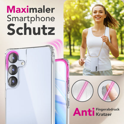 NALIA Hülle Hangit für Samsung Galaxy S25 FE (Umhängehülle) - Transparente Handyhülle mit Band, Kristallklar & Anti-Gelb, Verstellbare 160cm Handykette