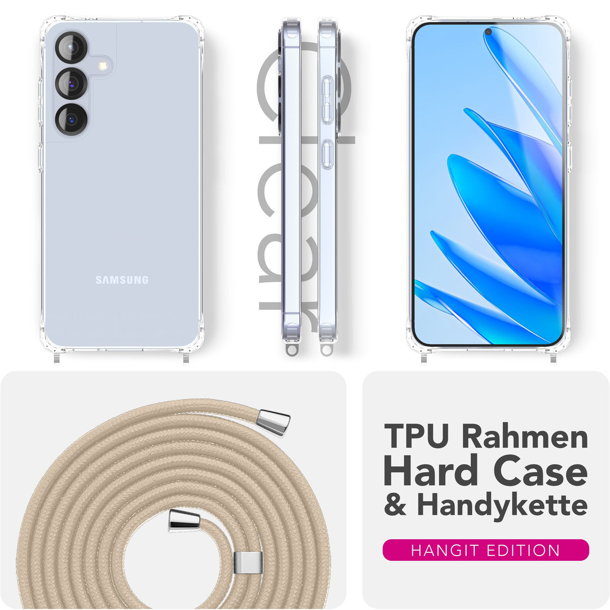NALIA Handykette für Samsung Galaxy S25 FE – Transparentes Hybrid-Case & Band – HANGIT PRO (Anti-Gelb Rückseite & Verstellbar) – Marke aus Berlin Sandstein Beige NALIA Klare Hüllen