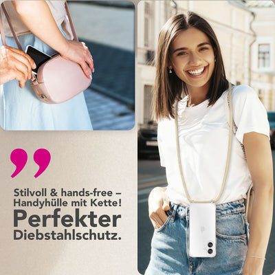 NALIA Handykette für iPhone 17 – Transparentes Hybrid-Case & Band – HANGIT PRO (Anti-Gelb Rückseite & Verstellbar) – Marke aus Berlin Sandstein Beige NALIA Klare Hüllen
