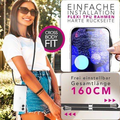 NALIA Handykette für iPhone 17 – Transparentes Hybrid-Case & Band – HANGIT PRO (Anti-Gelb Rückseite & Verstellbar) – Marke aus Berlin Mitternacht Schwarz NALIA Klare Hüllen
