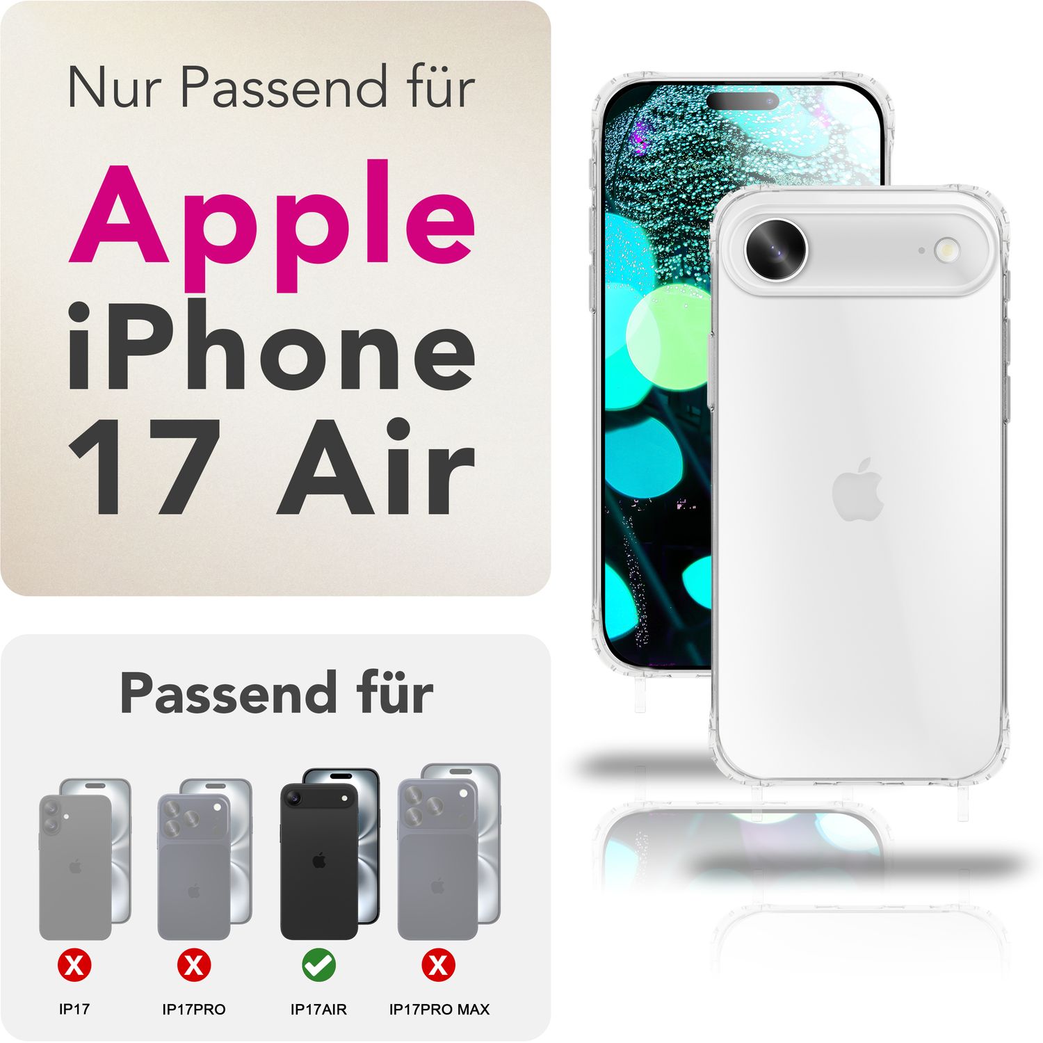 NALIA Hülle Hangit für Apple iPhone 17 Air (Umhängehülle) - Transparente Schutzhülle mit 160cm Band, Anti-Gelb, Stoßfest & Kratzfest, Verstellbare Handykette Mondweiß NALIA Klare Hüllen