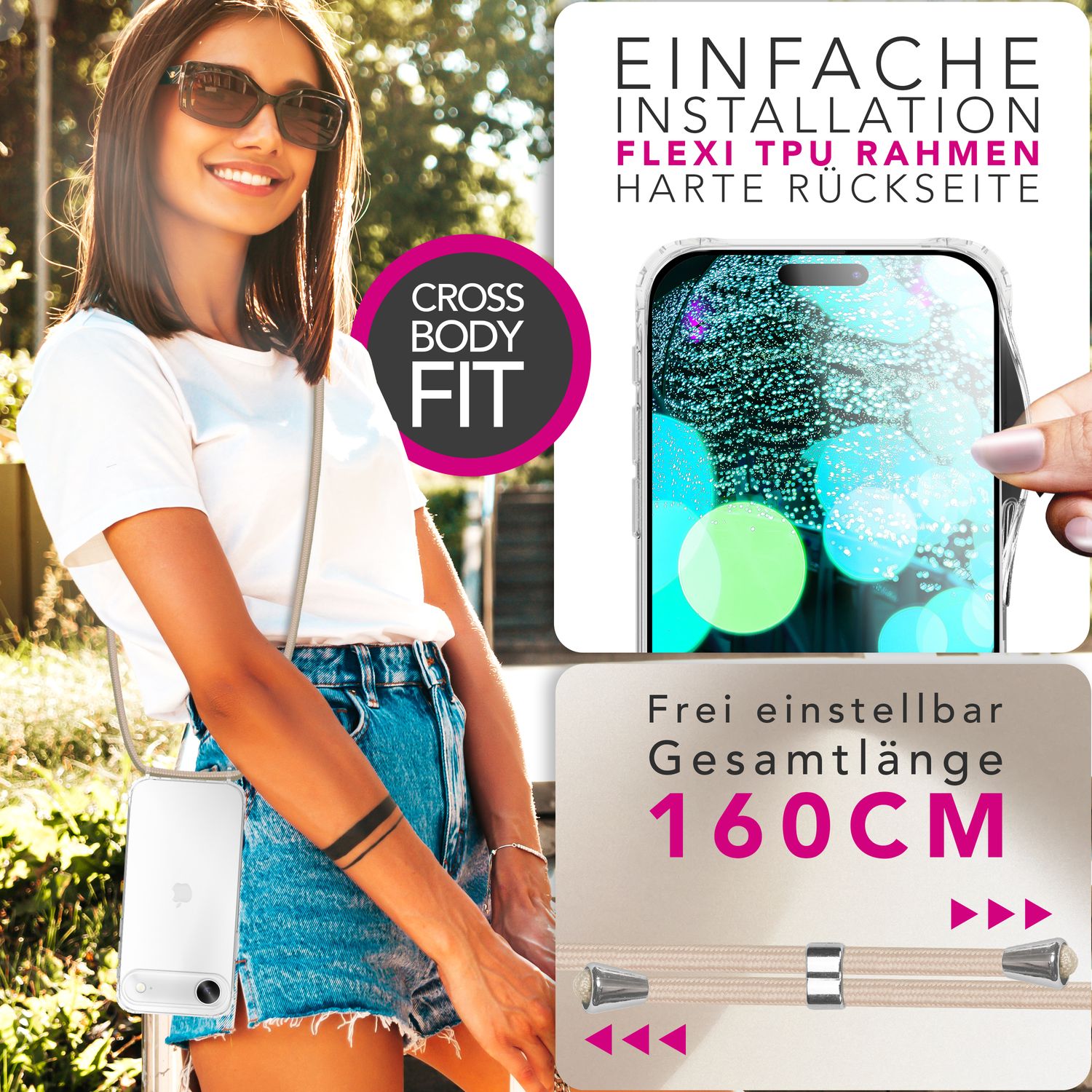 NALIA Hülle Hangit für Apple iPhone 17 Air (Umhängehülle) - Transparente Schutzhülle mit 160cm Band, Anti-Gelb, Stoßfest & Kratzfest, Verstellbare Handykette Sandstein Beige NALIA Klare Hüllen