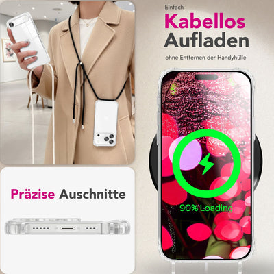 NALIA Handykette für iPhone 17 Pro – Transparentes Hybrid-Case & Band – HANGIT PRO (Anti-Gelb Rückseite & Verstellbar) – Marke aus Berlin Mitternacht Schwarz NALIA Klare Hüllen