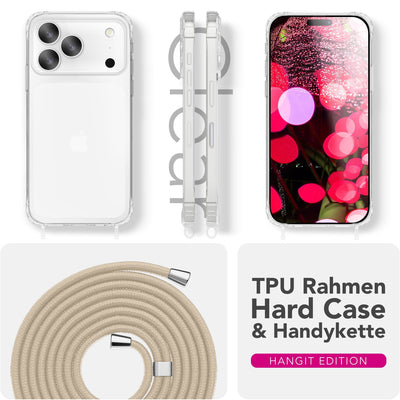 NALIA Handykette für iPhone 17 Pro – Transparentes Hybrid-Case & Band – HANGIT PRO (Anti-Gelb Rückseite & Verstellbar) – Marke aus Berlin Sandstein Beige NALIA Klare Hüllen