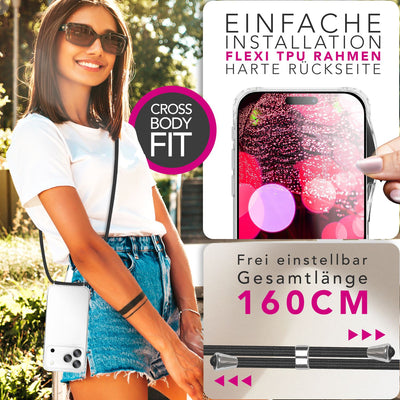 NALIA Handykette für iPhone 17 Pro – Transparentes Hybrid-Case & Band – HANGIT PRO (Anti-Gelb Rückseite & Verstellbar) – Marke aus Berlin Mitternacht Schwarz NALIA Klare Hüllen