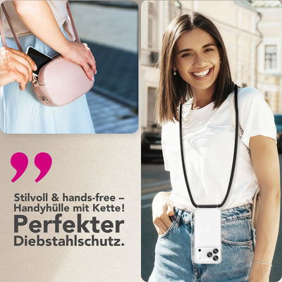 NALIA Handykette für iPhone 17 Pro – Transparentes Hybrid-Case & Band – HANGIT PRO (Anti-Gelb Rückseite & Verstellbar) – Marke aus Berlin Mitternacht Schwarz NALIA Klare Hüllen