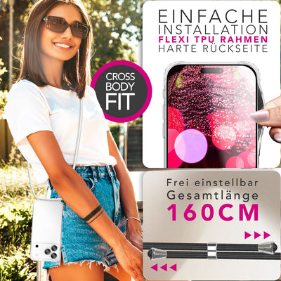 NALIA Handykette für iPhone 17 Pro – Transparentes Hybrid-Case & Band – HANGIT PRO (Anti-Gelb Rückseite & Verstellbar) – Marke aus Berlin Mondweiß NALIA Klare Hüllen