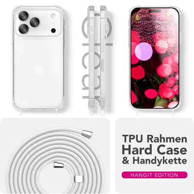 NALIA Handykette für iPhone 17 Pro – Transparentes Hybrid-Case & Band – HANGIT PRO (Anti-Gelb Rückseite & Verstellbar) – Marke aus Berlin Mondweiß NALIA Klare Hüllen