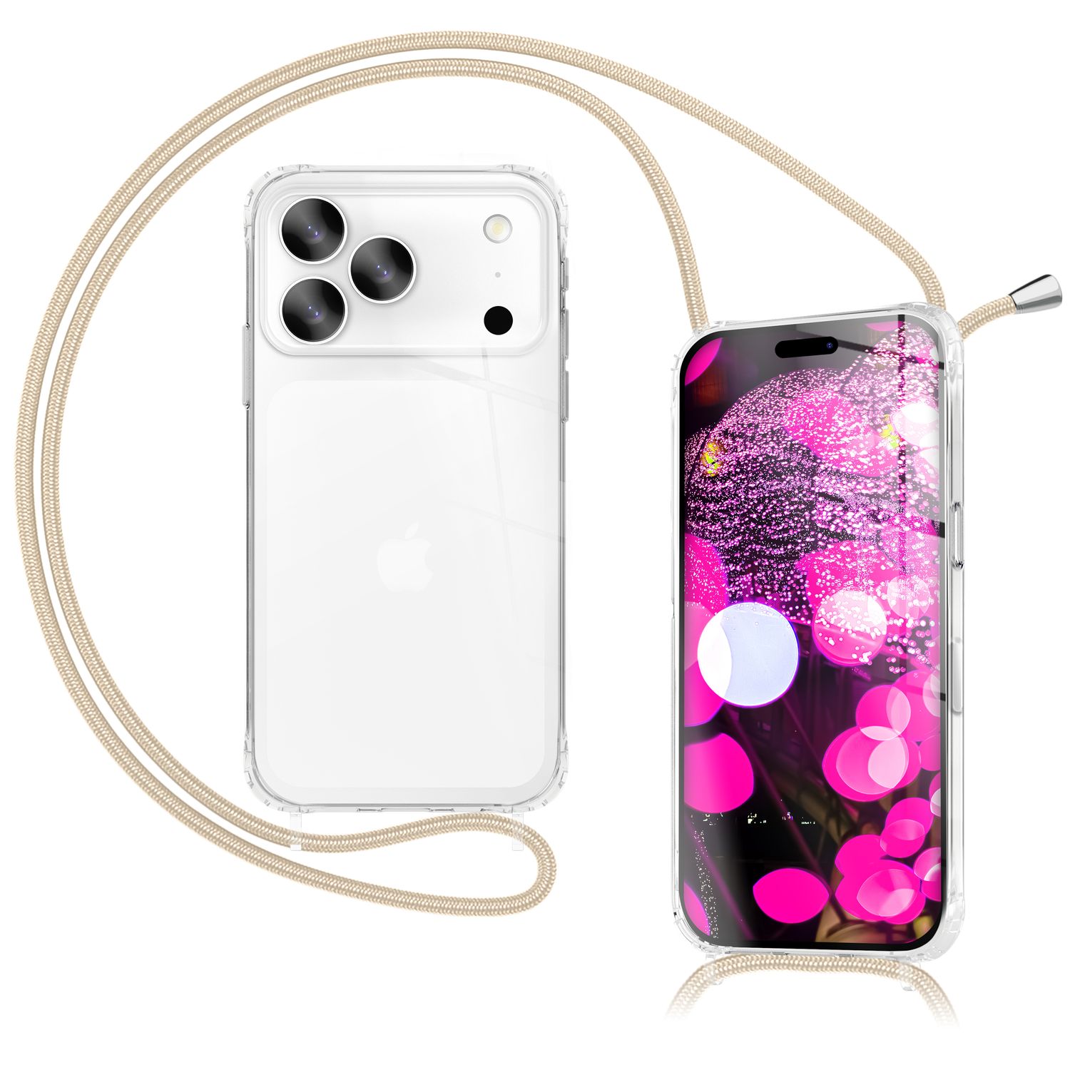 NALIA Hülle Hangit für Apple iPhone 17 Pro Max (Umhängehülle) - Kristallklares Cover mit Trage-Band, Stoßfest & Anti-Gelb, 160cm verstellbare Handykette Sandstein Beige NALIA Klare Hüllen