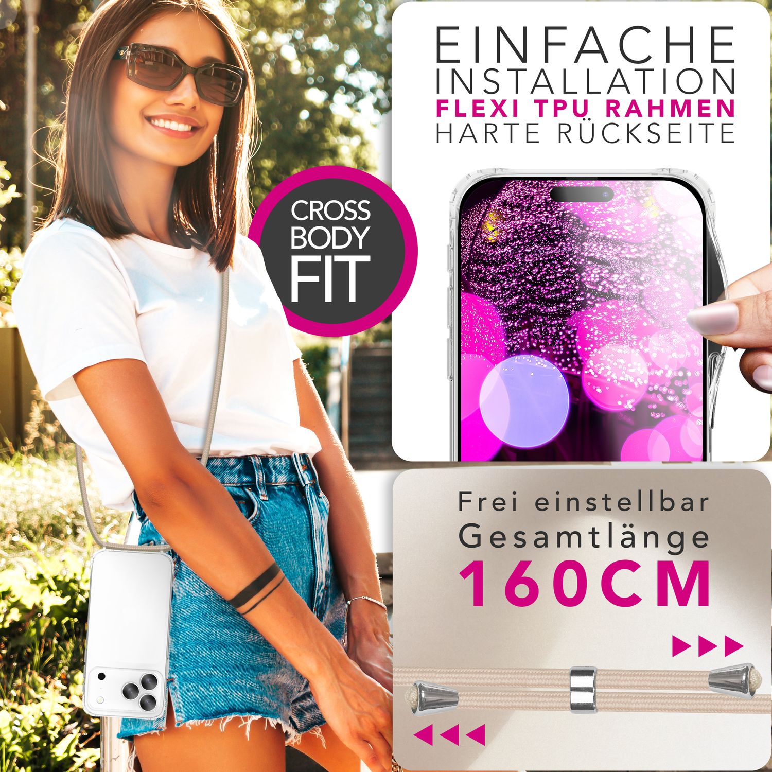 NALIA Hülle Hangit für Apple iPhone 17 Pro Max (Umhängehülle) - Kristallklares Cover mit Trage-Band, Stoßfest & Anti-Gelb, 160cm verstellbare Handykette Sandstein Beige NALIA Klare Hüllen