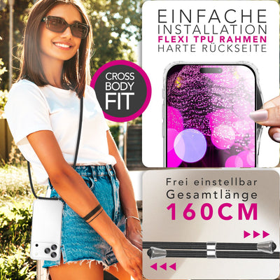 NALIA Handykette für iPhone 17 Pro Max – Transparentes Hybrid-Case & Band – HANGIT PRO (Anti-Gelb Rückseite & Verstellbar) – Marke aus Berlin Mitternacht Schwarz NALIA Klare Hüllen