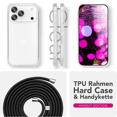 NALIA Handykette für iPhone 17 Pro Max – Transparentes Hybrid-Case & Band – HANGIT PRO (Anti-Gelb Rückseite & Verstellbar) – Marke aus Berlin Mitternacht Schwarz NALIA Klare Hüllen