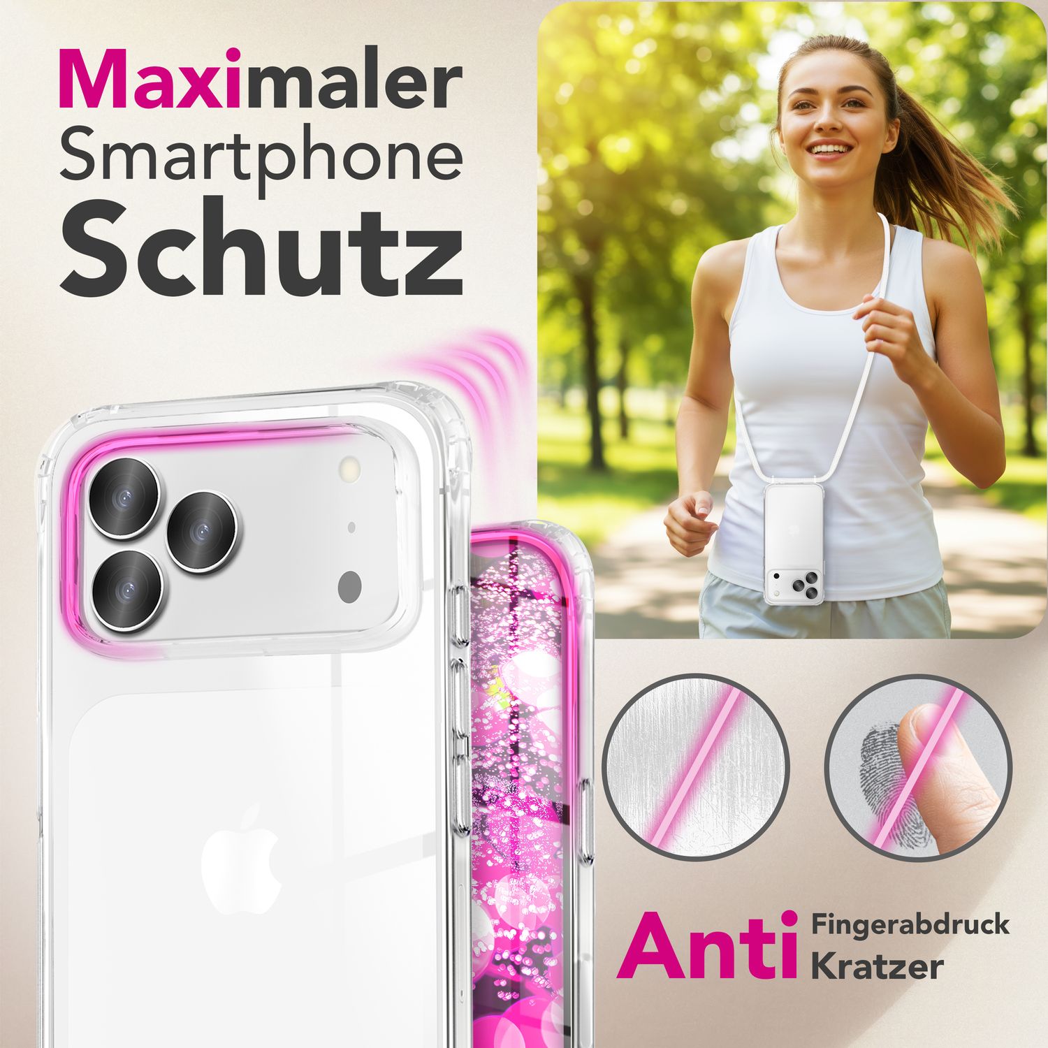 NALIA Hülle Hangit für Apple iPhone 17 Pro Max (Umhängehülle) - Kristallklares Cover mit Trage-Band, Stoßfest & Anti-Gelb, 160cm verstellbare Handykette Mondweiß NALIA Klare Hüllen