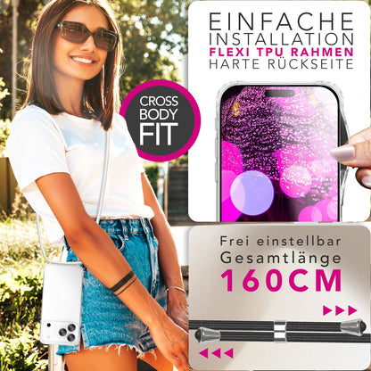NALIA Hülle Hangit für Apple iPhone 17 Pro Max (Umhängehülle) - Kristallklares Cover mit Trage-Band, Stoßfest & Anti-Gelb, 160cm verstellbare Handykette Mondweiß NALIA Klare Hüllen