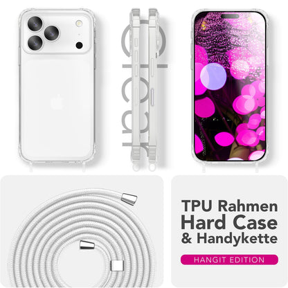 NALIA Hülle Hangit für Apple iPhone 17 Pro Max (Umhängehülle) - Kristallklares Cover mit Trage-Band, Stoßfest & Anti-Gelb, 160cm verstellbare Handykette Mondweiß NALIA Klare Hüllen