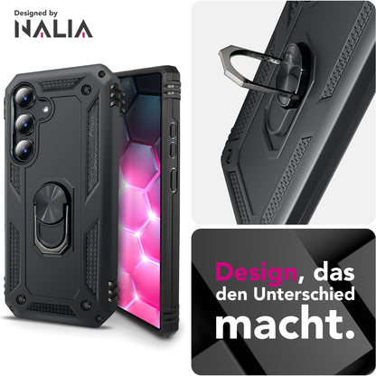 NALIA Hülle RingDefend für Samsung Galaxy S25 FE (Military-Grade Schutz) - Robuste Panzerhülle mit 360° Dreh-Ring & Kickstand, Schlagfest & Stoßabsorbierend, Armor Case - Schwarz