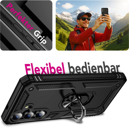 NALIA Hülle RingDefend für Samsung Galaxy S25 FE (Military-Grade Schutz) - Robuste Panzerhülle mit 360° Dreh-Ring & Kickstand, Schlagfest & Stoßabsorbierend, Armor Case - Schwarz