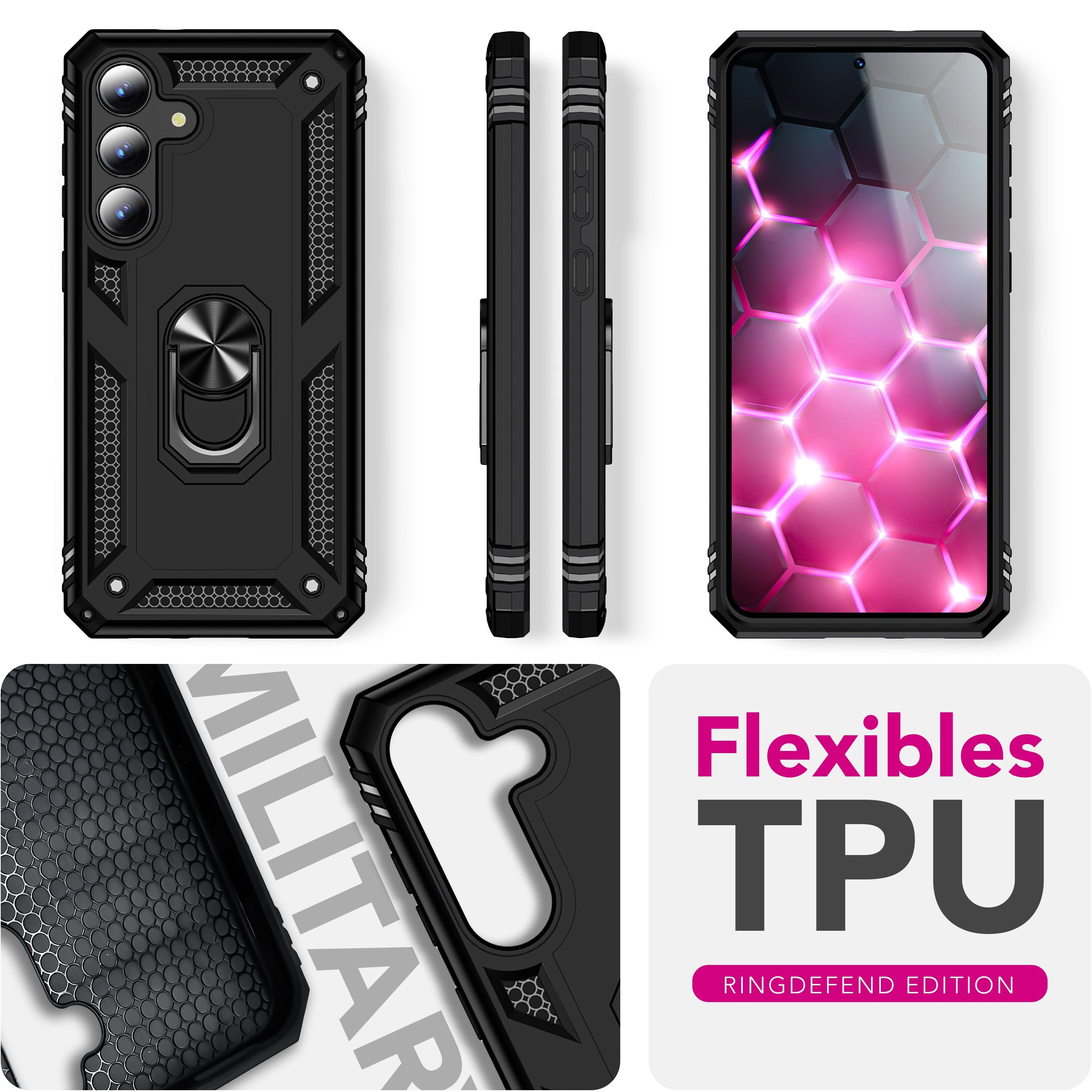 NALIA Hülle RingDefend für Samsung Galaxy S25 FE (Military-Grade Schutz) - Robuste Panzerhülle mit 360° Dreh-Ring & Kickstand, Schlagfest & Stoßabsorbierend, Armor Case - Schwarz