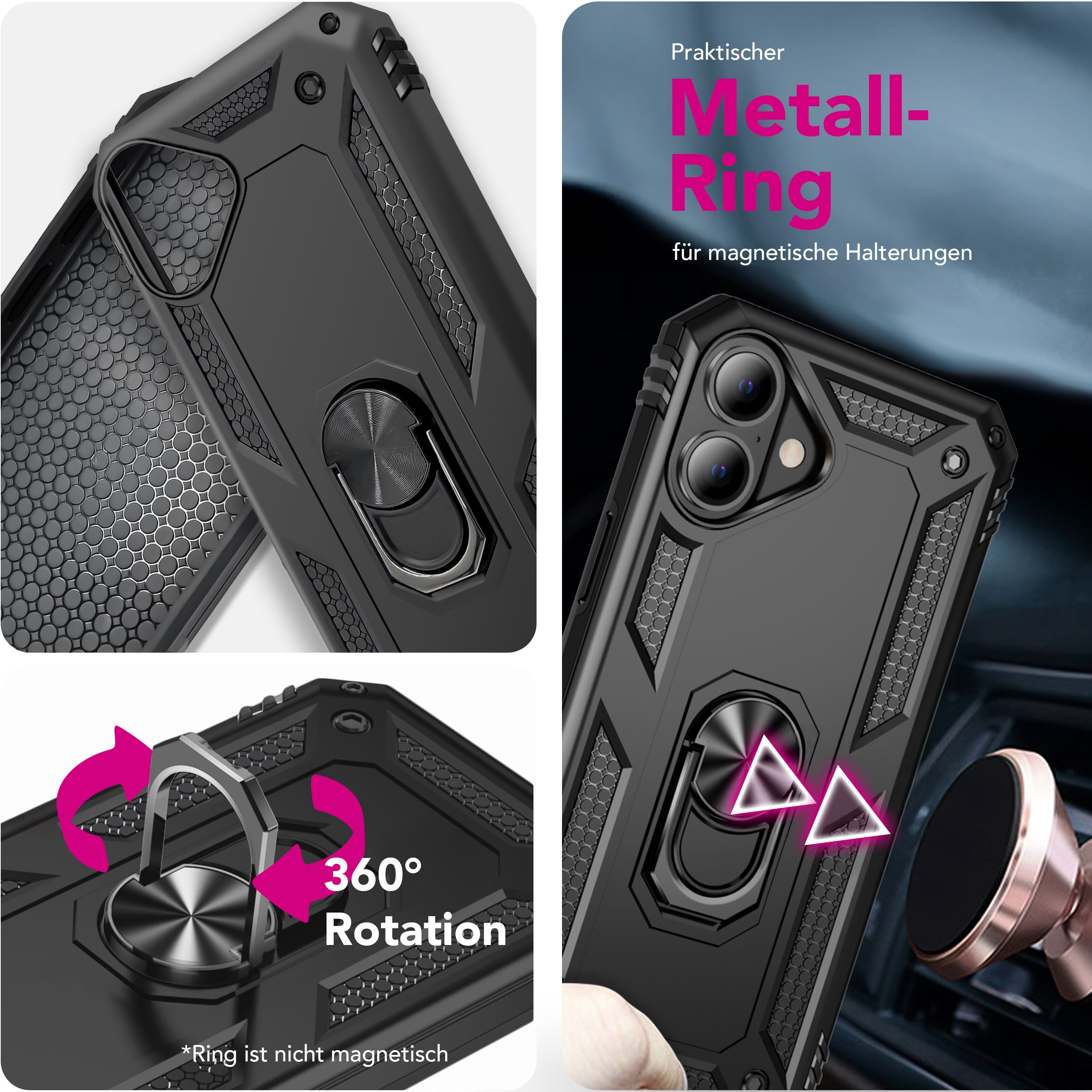 NALIA Hülle RingDefend für Apple iPhone 17 (Military-Grade Schutz) - Robuste Panzerhülle mit 360° Dreh-Ring & Ständer, Stoßfest & Schlagresistent, Griffig, Outdoor Case - Schwarz