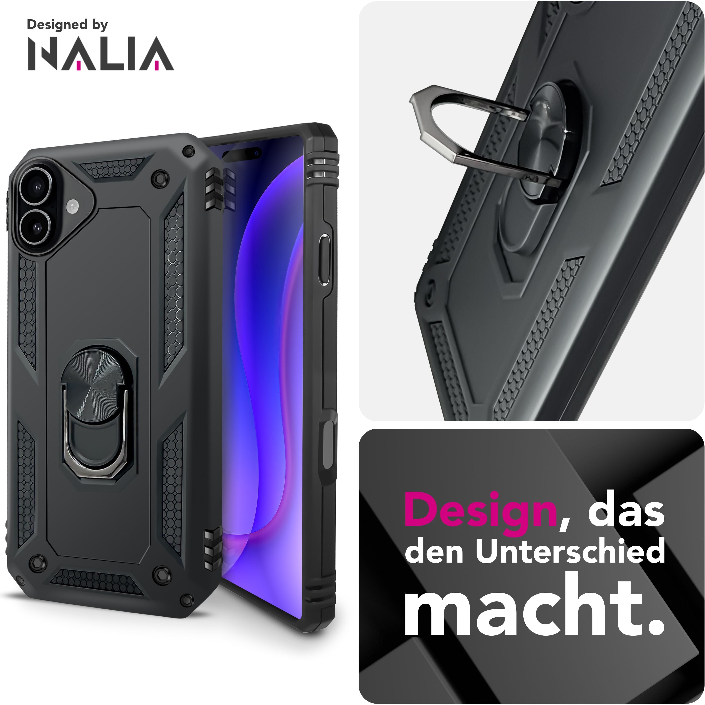 NALIA Hülle RingDefend für Apple iPhone 17 (Military-Grade Schutz) - Robuste Panzerhülle mit 360° Dreh-Ring & Ständer, Stoßfest & Schlagresistent, Griffig, Outdoor Case - Schwarz