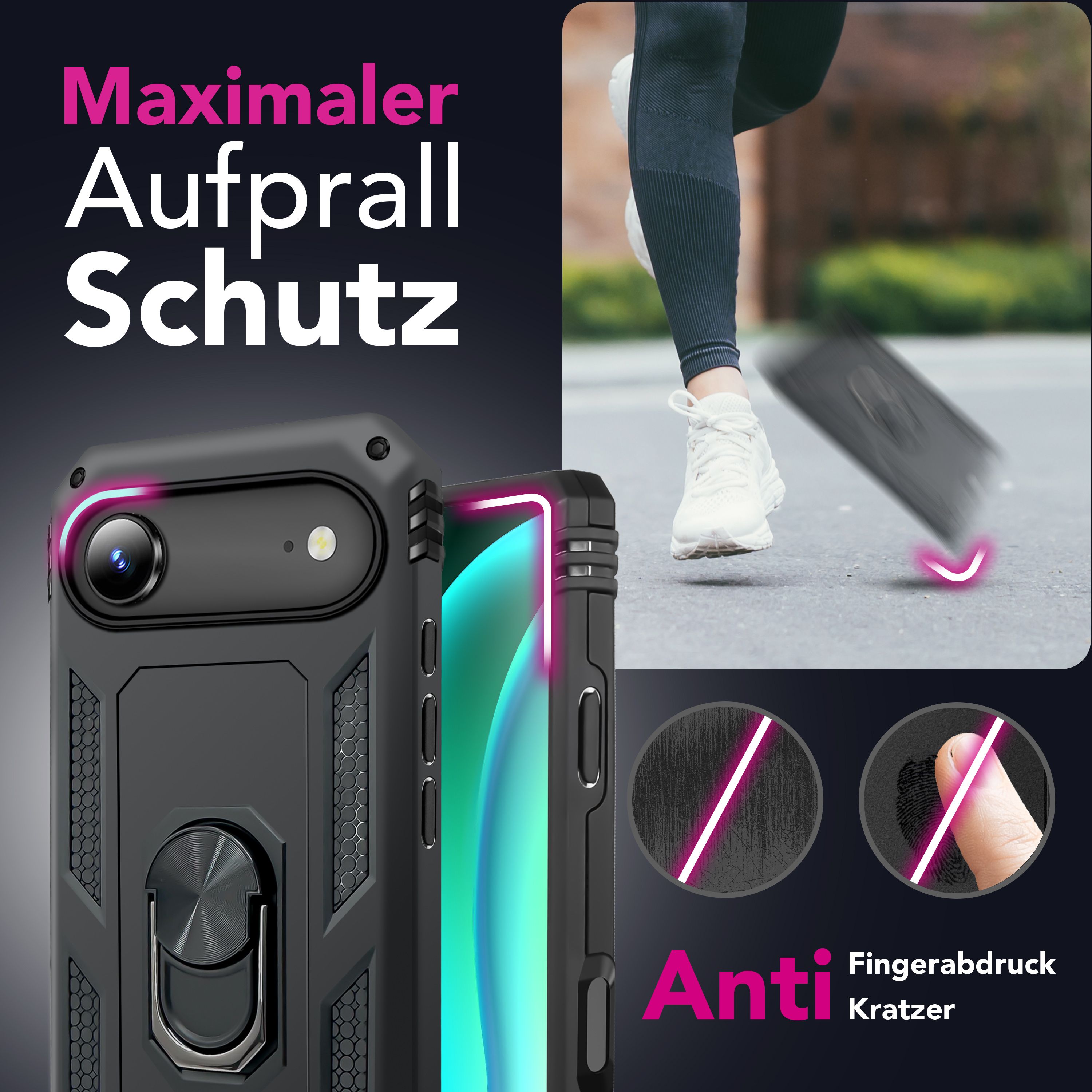 NALIA Hülle RingDefend für Apple iPhone 17 Air (Military-Grade Schutz) - Militär Panzerhülle mit 360° Dreh-Ring & Ständer, Schlagfest & Stoßsicher, Rutschfestes Hardcase - Schwarz