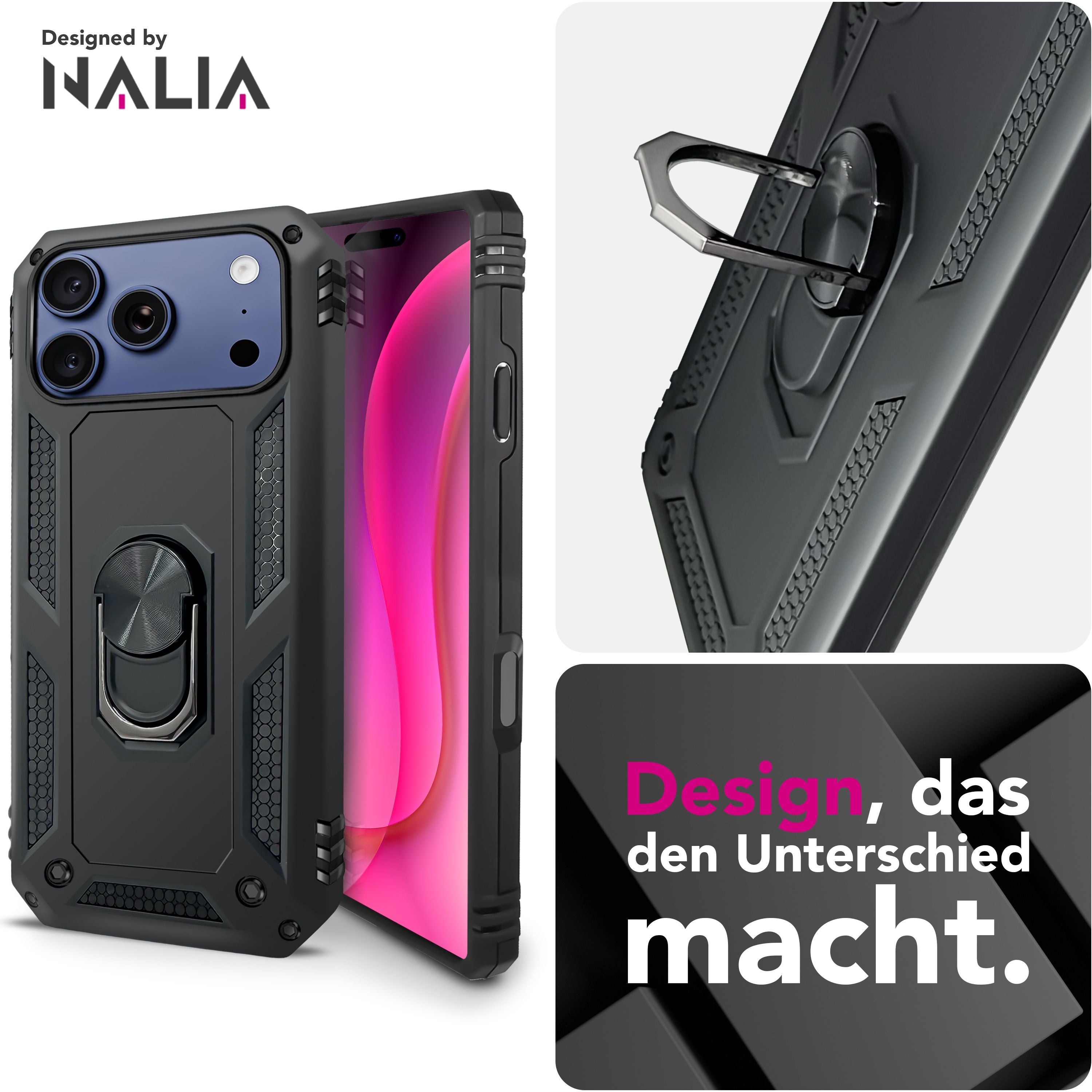 NALIA Hülle RingDefend für Apple iPhone 17 Pro Max (Military-Grade Schutz) - Armor Case mit 360° Dreh-Ring & Kickstand, Outdoor Schutzhülle, Schlagfest & Stoßabsorbierend - Schwarz