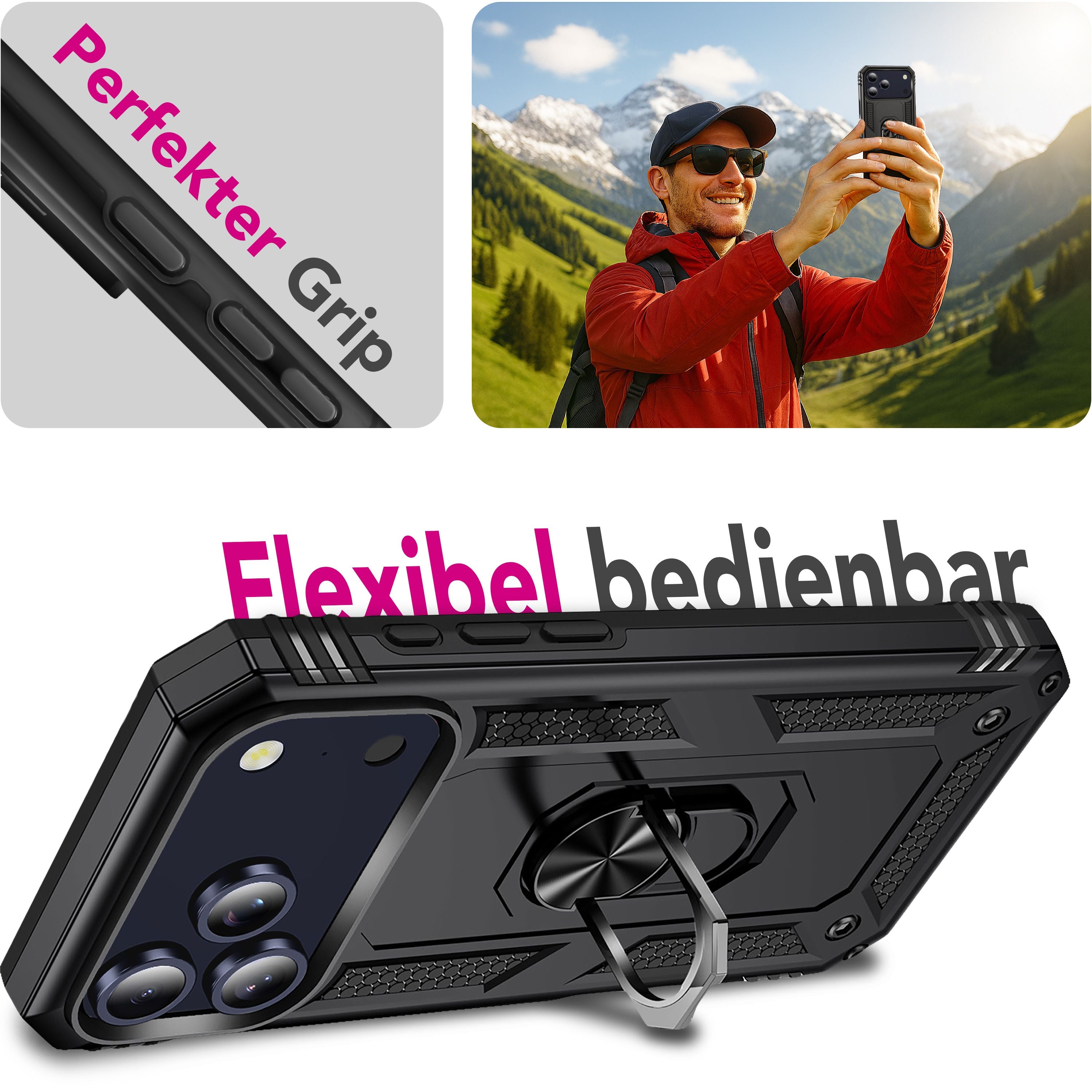 NALIA Hülle RingDefend für Apple iPhone 17 Pro Max (Military-Grade Schutz) - Armor Case mit 360° Dreh-Ring & Kickstand, Outdoor Schutzhülle, Schlagfest & Stoßabsorbierend - Schwarz