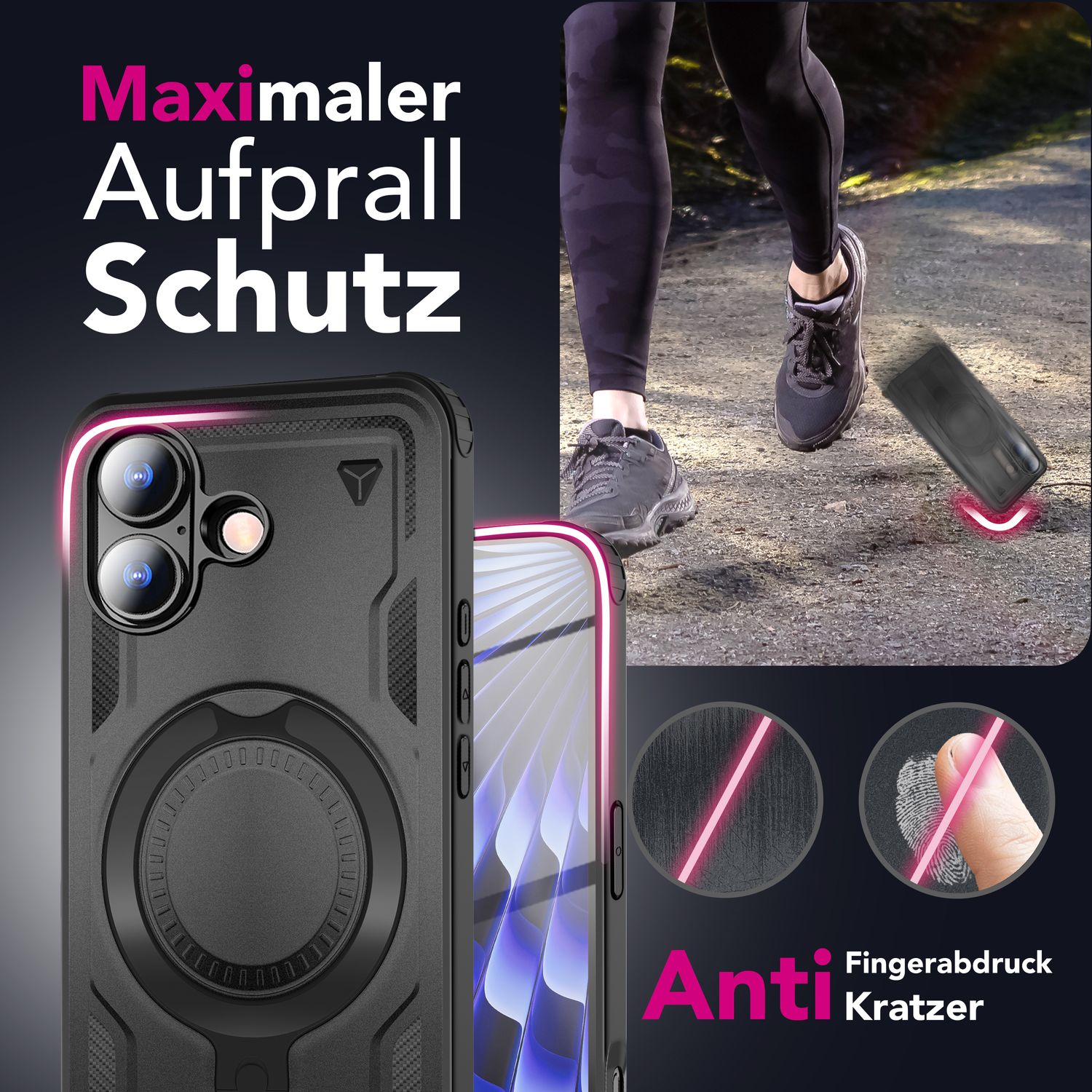 NALIA MagSafe Hülle Stormguard für Apple iPhone 17 (Unzerstörbare Panzerhülle) - Stoßfeste Outdoor Schutzhülle mit 360° Ring Ständer, Armor Case, Fallschutz Cover - Vulkanschwarz Default Title NALIA Outdoor Hülle