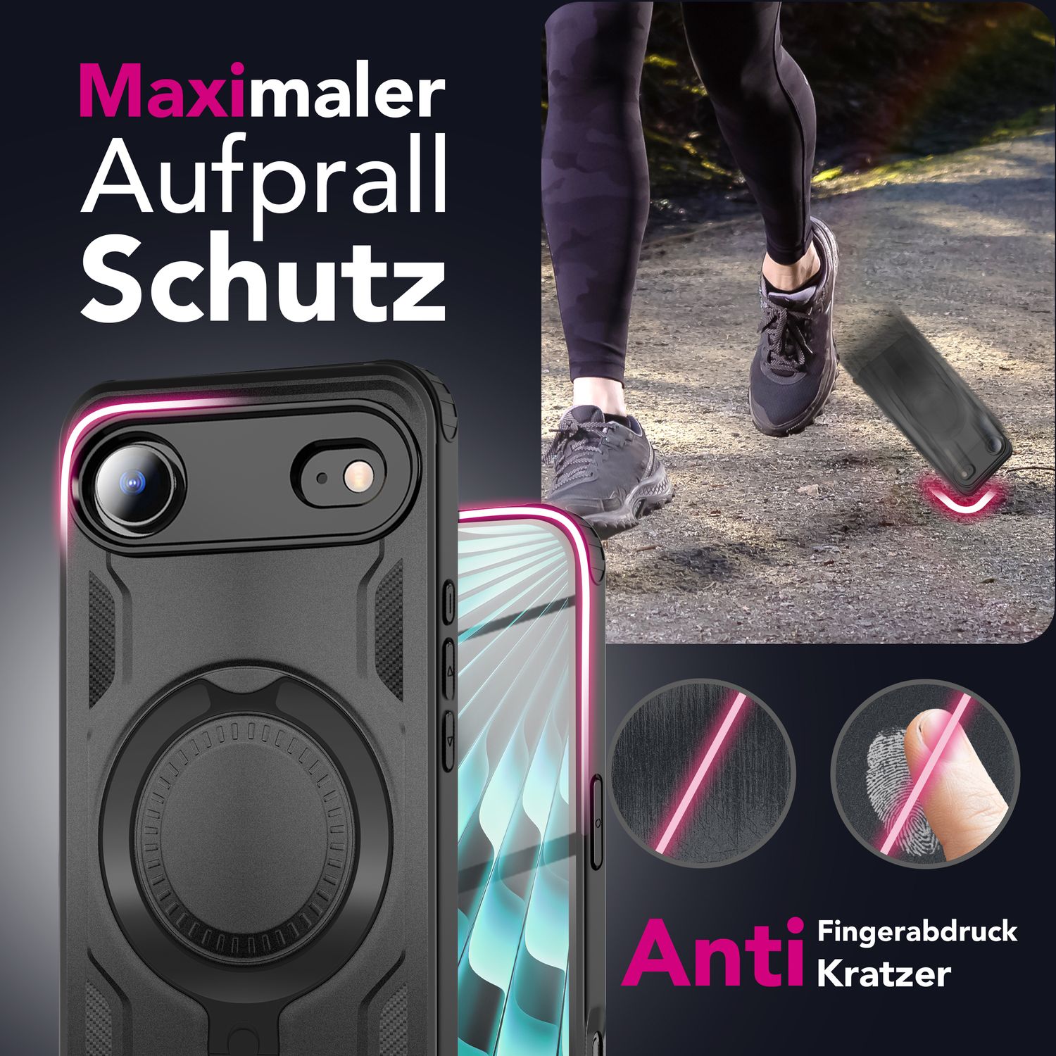 NALIA MagSafe Hülle Stormguard für Apple iPhone 17 Air (Unzerstörbare Panzerhülle), Schlagfester Aufprallschutz, Military Hardcase mit 360° Dreh-Ring, Outdoor Cover - Vulkanschwarz Default Title NALIA Outdoor Hülle