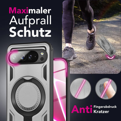 NALIA Magnetische Panzerhülle für Google Pixel 10 – Ring-Halterung 360° & MagSafe kompatibel – STORMGUARD (Outdoor Case) – Marke aus Berlin Sturmsilber NALIA Outdoor Hülle