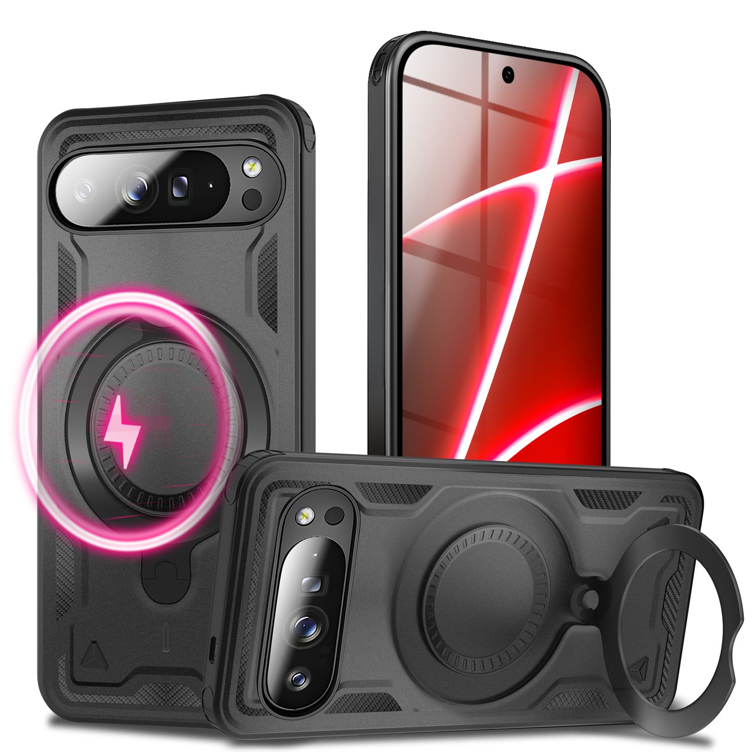 NALIA Hülle Stormguard für Google Pixel 10 Pro (Unzerstörbare Panzerhülle mit MagSafe), Schlagfeste Schutzhülle im Military Look, 360° Ring Ständer, Outdoor Cover Vulkanschwarz NALIA Outdoor Hülle