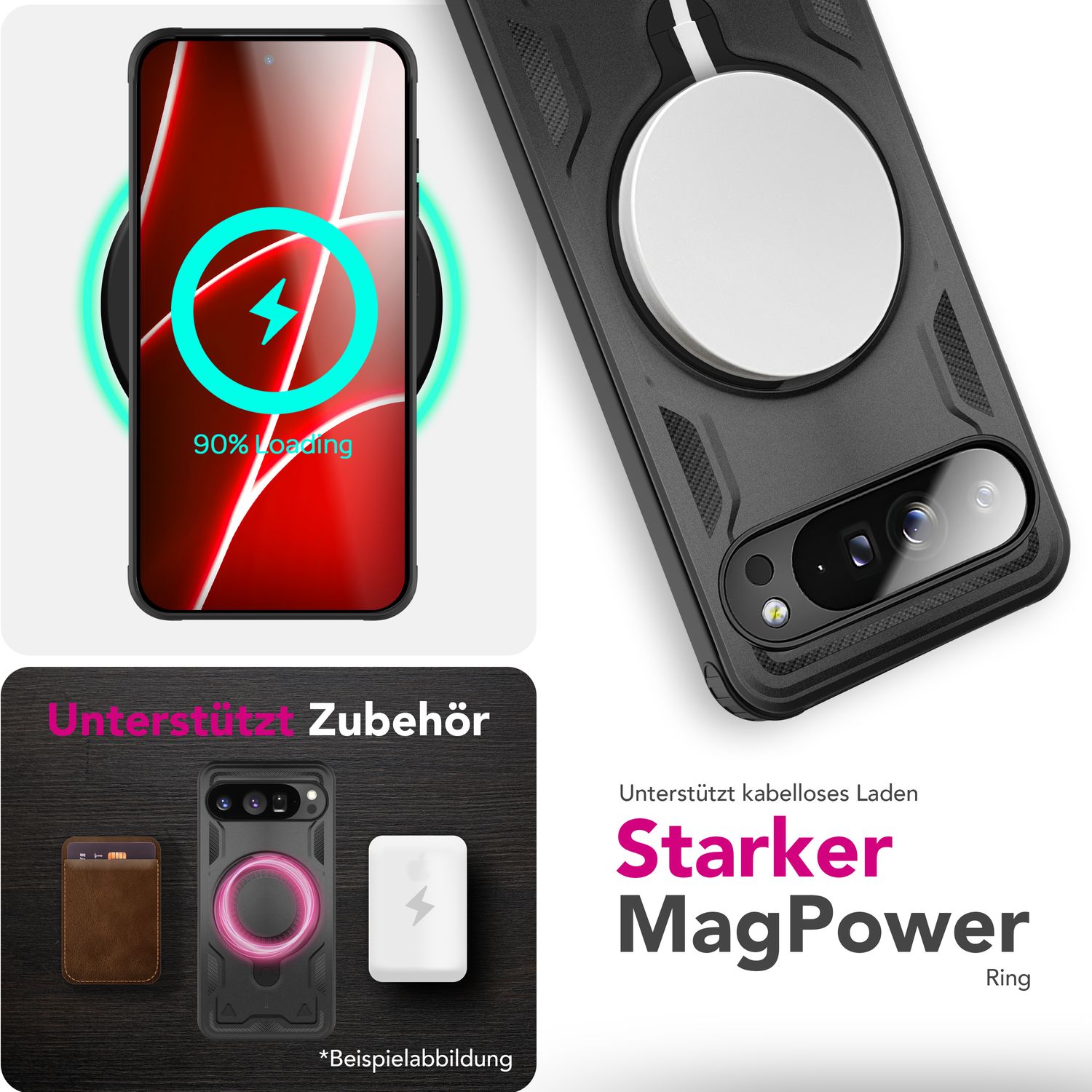 NALIA Hülle Stormguard für Google Pixel 10 Pro (Unzerstörbare Panzerhülle mit MagSafe), Schlagfeste Schutzhülle im Military Look, 360° Ring Ständer, Outdoor Cover Vulkanschwarz NALIA Outdoor Hülle